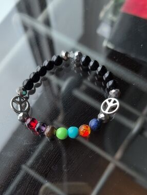 Peace Sign Stretch Bracelet - Black with Rainbow Stones